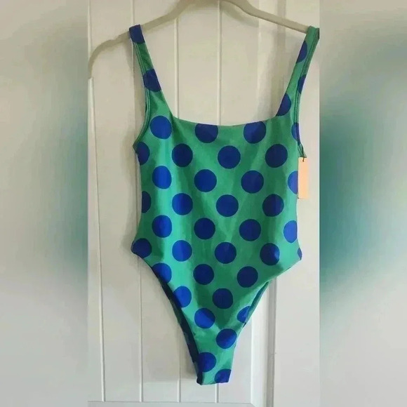 SOLKISSED MELODY ONE PIECE Green And Blue Polka Dot bathing suit Size Medium - Picture 4 of 5